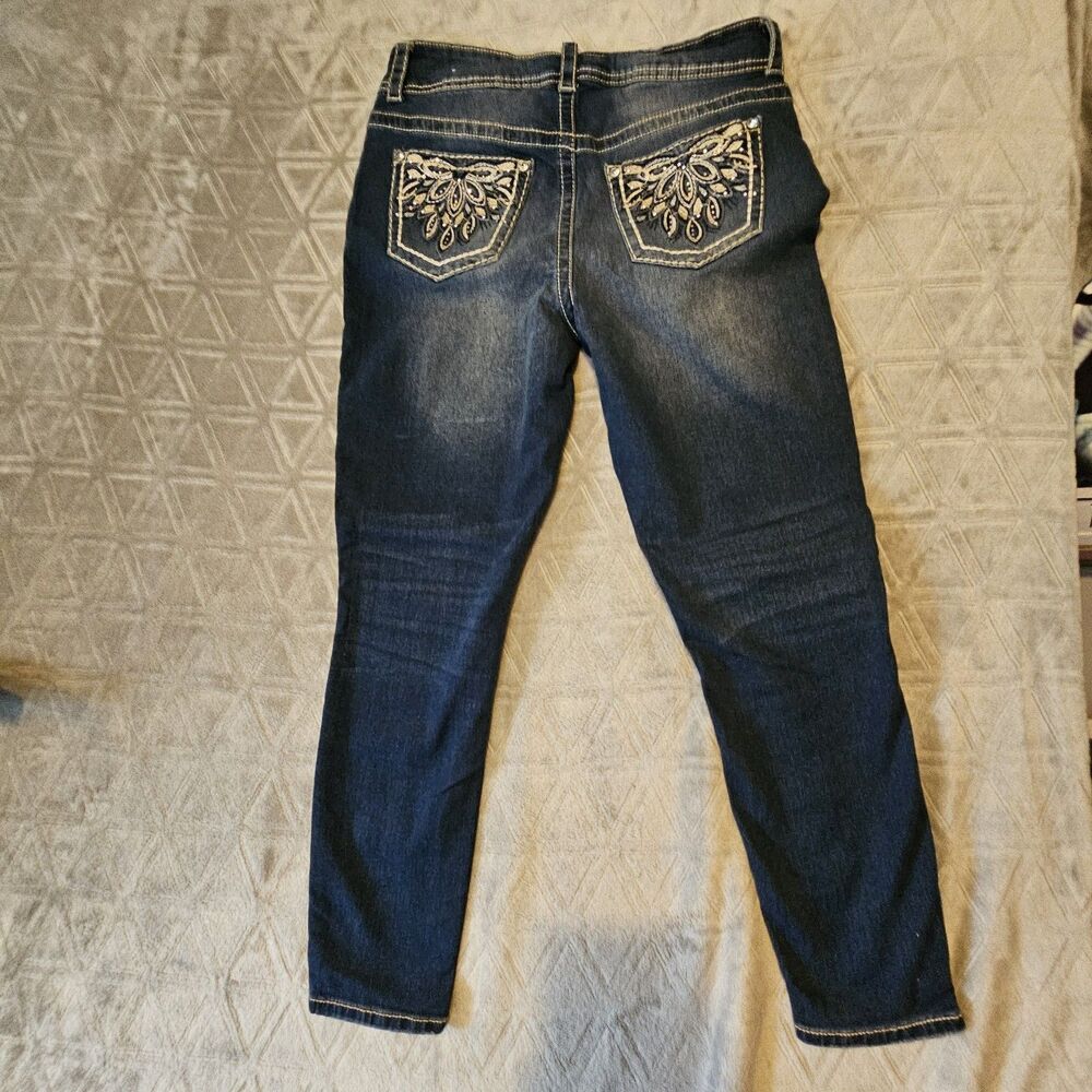 Gemma Rae Women’s Straight Blue Denim Jeans Embroidered Rhinestone Pockets